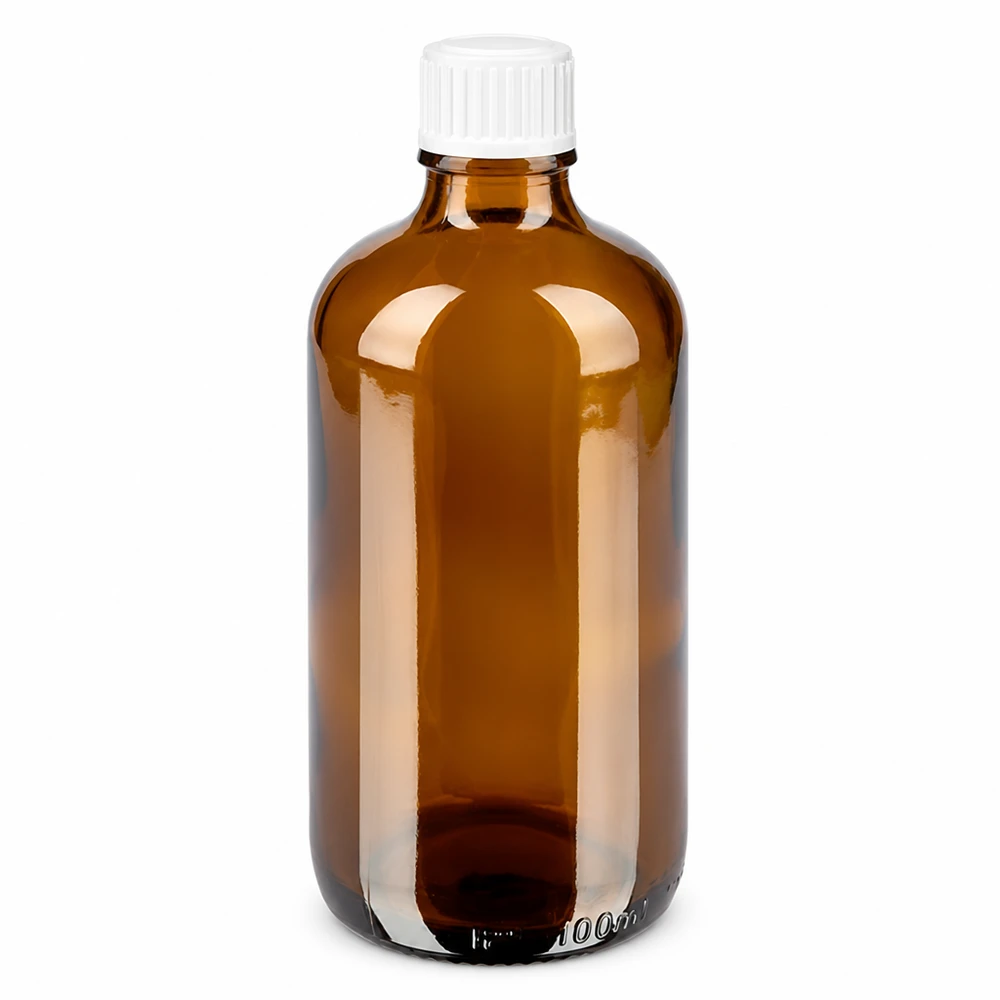 Apteekkipullo ruskea 100ml ruuvikorkki valkoinen standardi 100 ml:n ruskea lasinen apteekkipullo, jossa on valkoinen 11 mm:n kierrekorkki