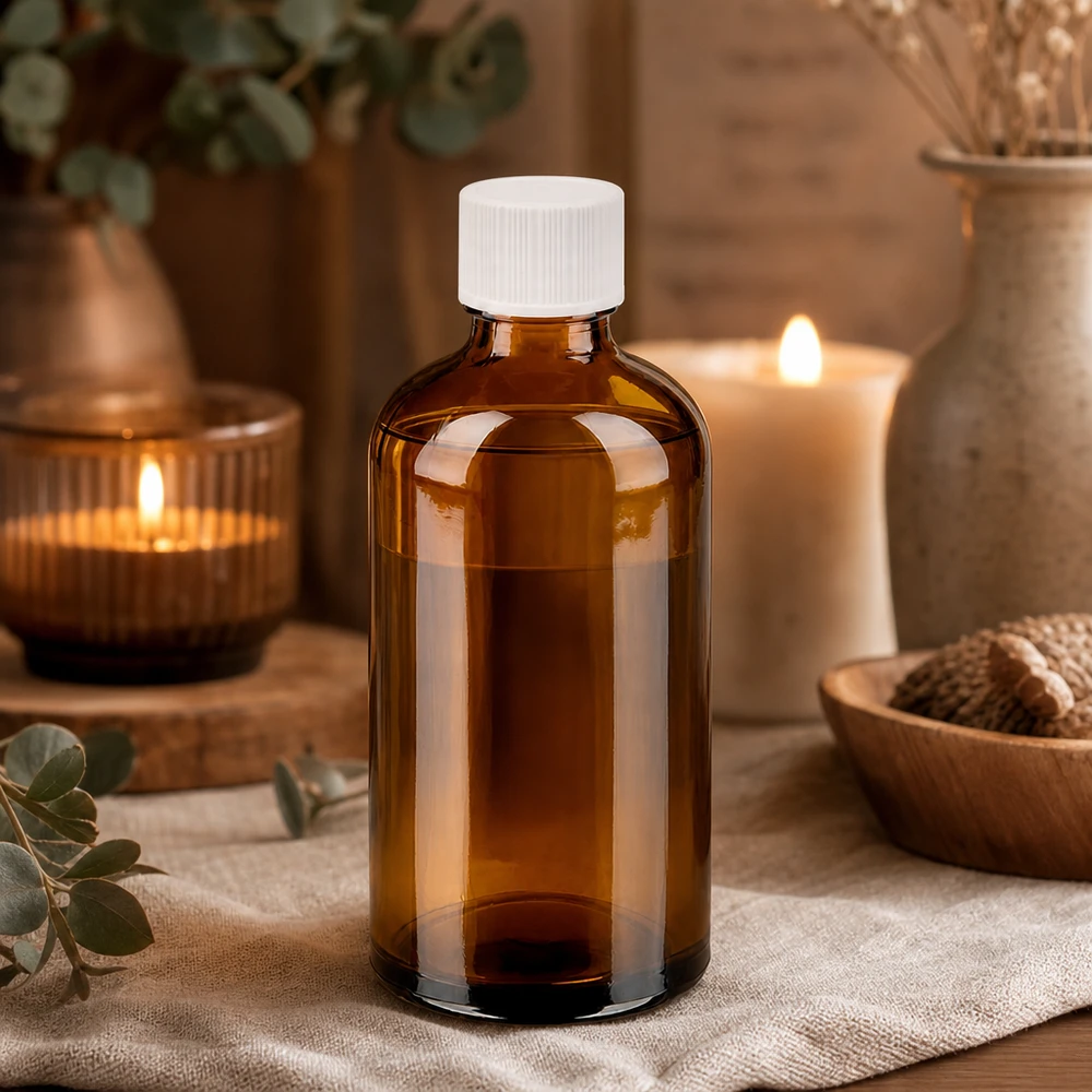 Pieni 100ml meripihkanvärinen lasipullo, jossa valkoinen korkki, ihanteellinen DIY-kosmetiikkaan ja luonnonlääkkeisiin.