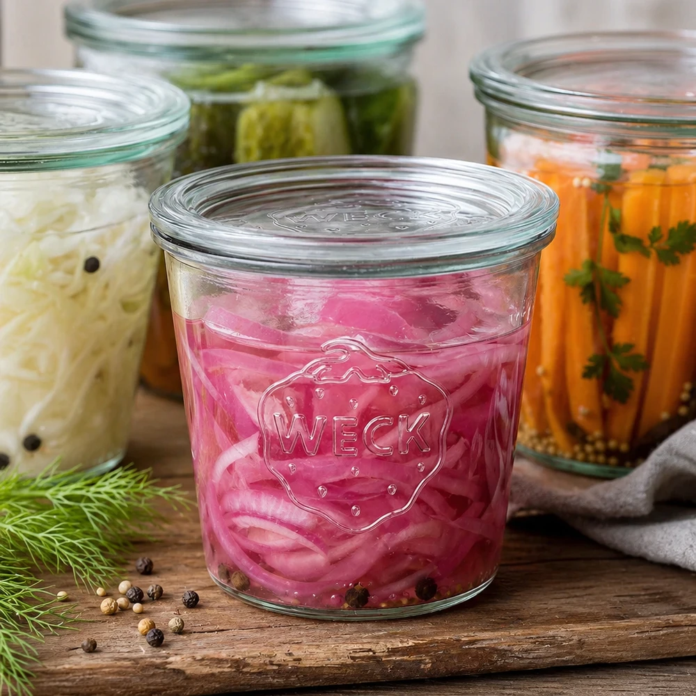 WECK 580ml lasipurkki täynnä marinoituja vihanneksia ja mausteita käymistä varten Esimerkki tillien vieressä