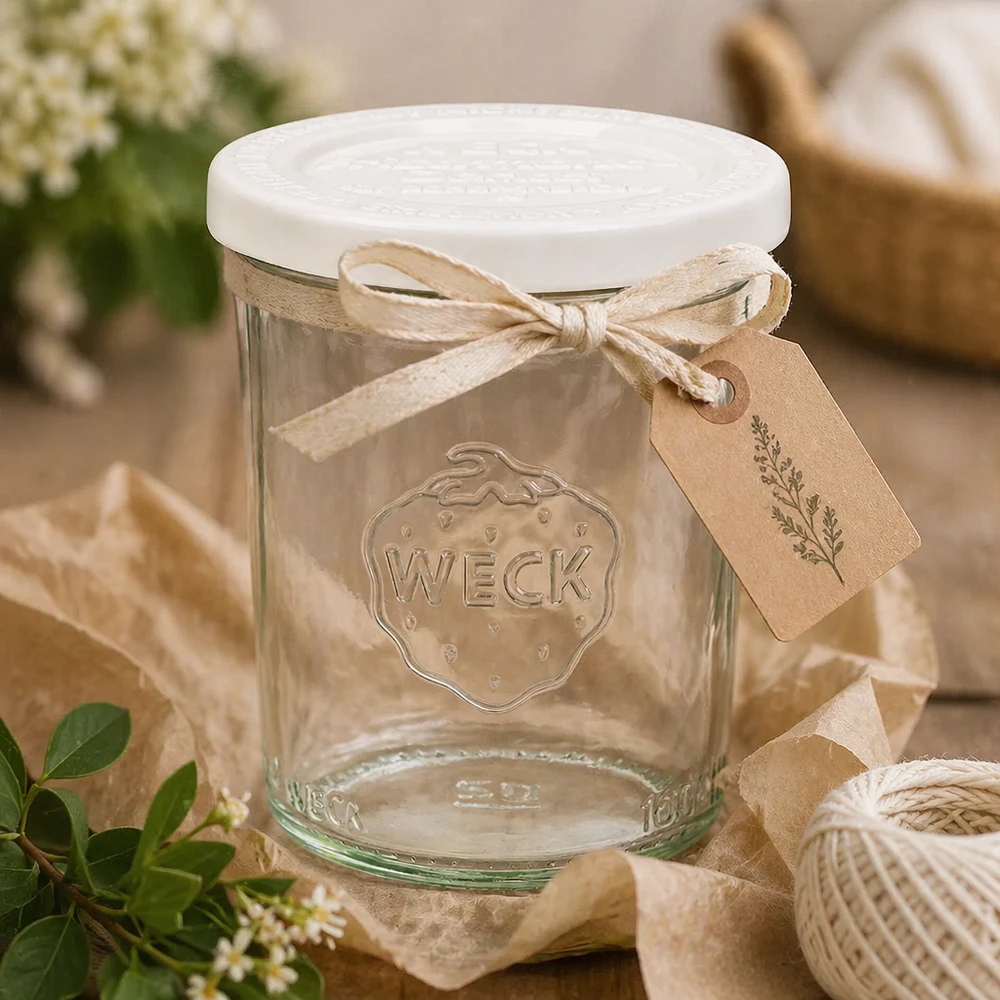 WECK Sturzglas 160ml mit Dekobändchen und Anhänger - rustikale Geschenkverpackung für selbstgemachte Marmelade