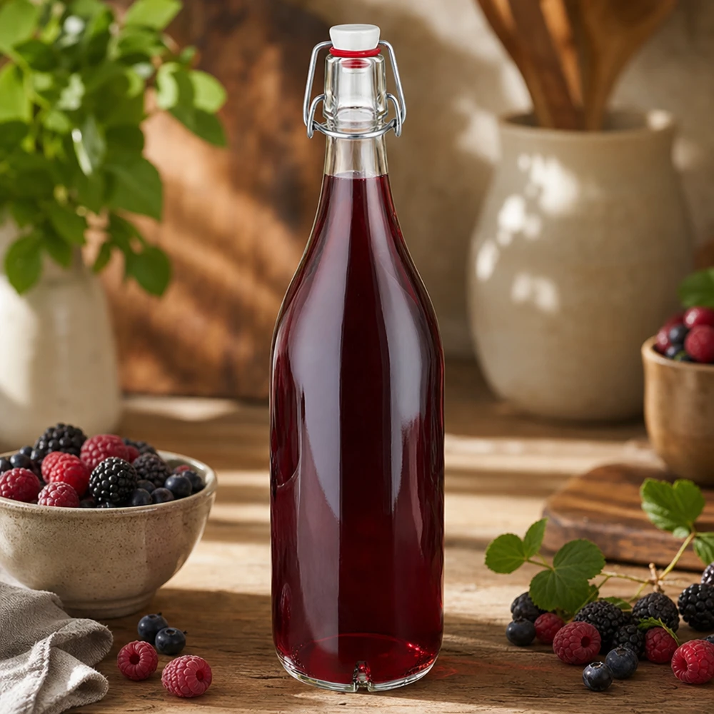 1000ml lasipullo + keinuposliini UNiTWIST UNiTWIST 1000ml Glasflasche mit Bügelverschluss gefüllt mit Beerensaft neben frischen Himbeeren und Blaubeeren auf Holz