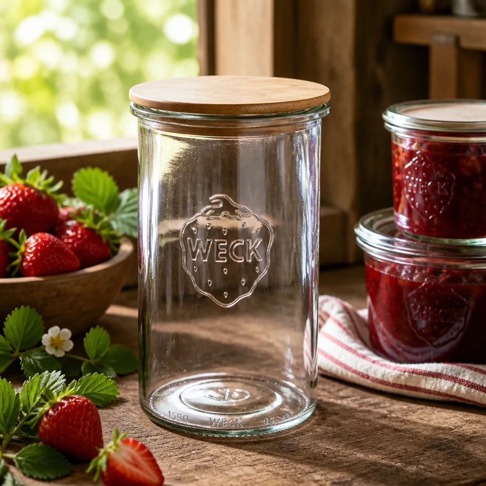 1000ml WECK RR100 juomalasit puukannella varustettuna WECK säilytyspurkki 1000ml puukannella maalaismaisessa keittiössä kotitekoisen mansikkahillon ja tuoreiden mansikoiden vieressä.