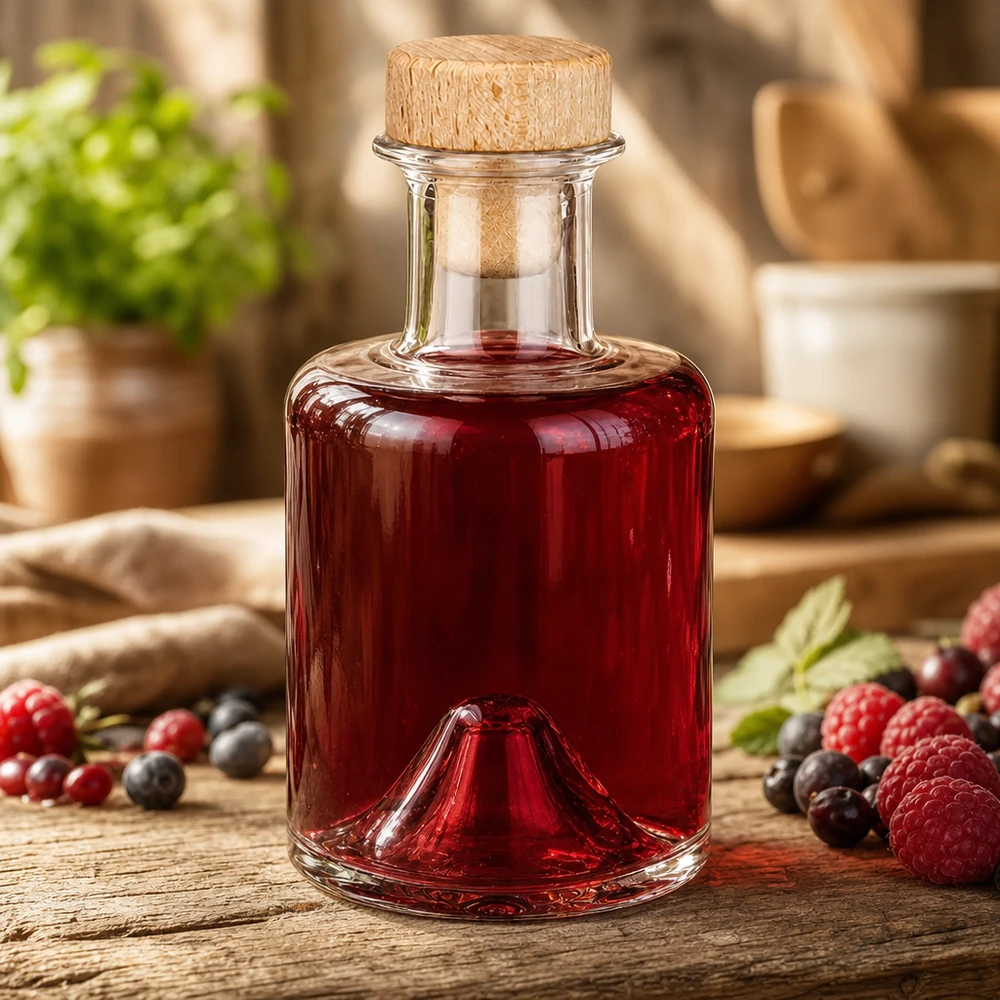 200ml Sofia-lasipullo, jossa on puukorkki ja joka on täytetty marjaliköörillä vadelmien ja mustikoiden kera maalaismaisessa keittiöympäristössä.