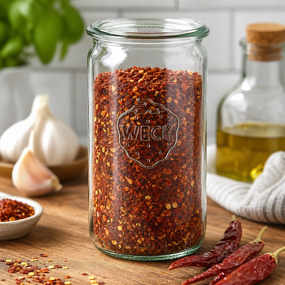 WECK sylinteripurkki 340ml RR60 täynnä chilihiutaleita puupöydällä valkosipulin ja kuivattujen chilien kanssa.