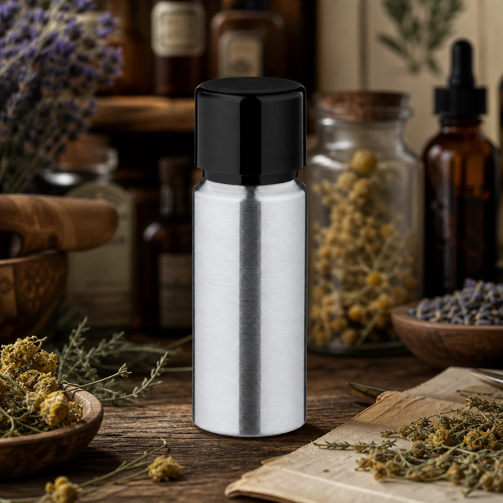 20ml kiillotettu alumiinipullo, jossa on kierrekorkki Laadukas 20ml alumiinipullo, jossa on harjattu metallipinta luonnonkosmetiikkaan ja aromaterapiaan.