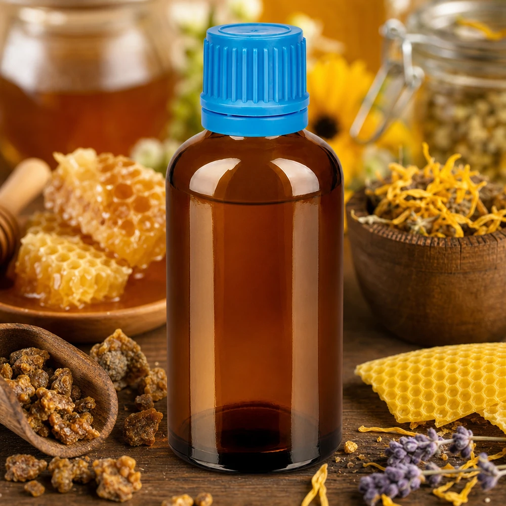 50ml meripihkanvärinen lasipullo, jossa on sininen korkki tinktuurien turvallista säilytystä varten.