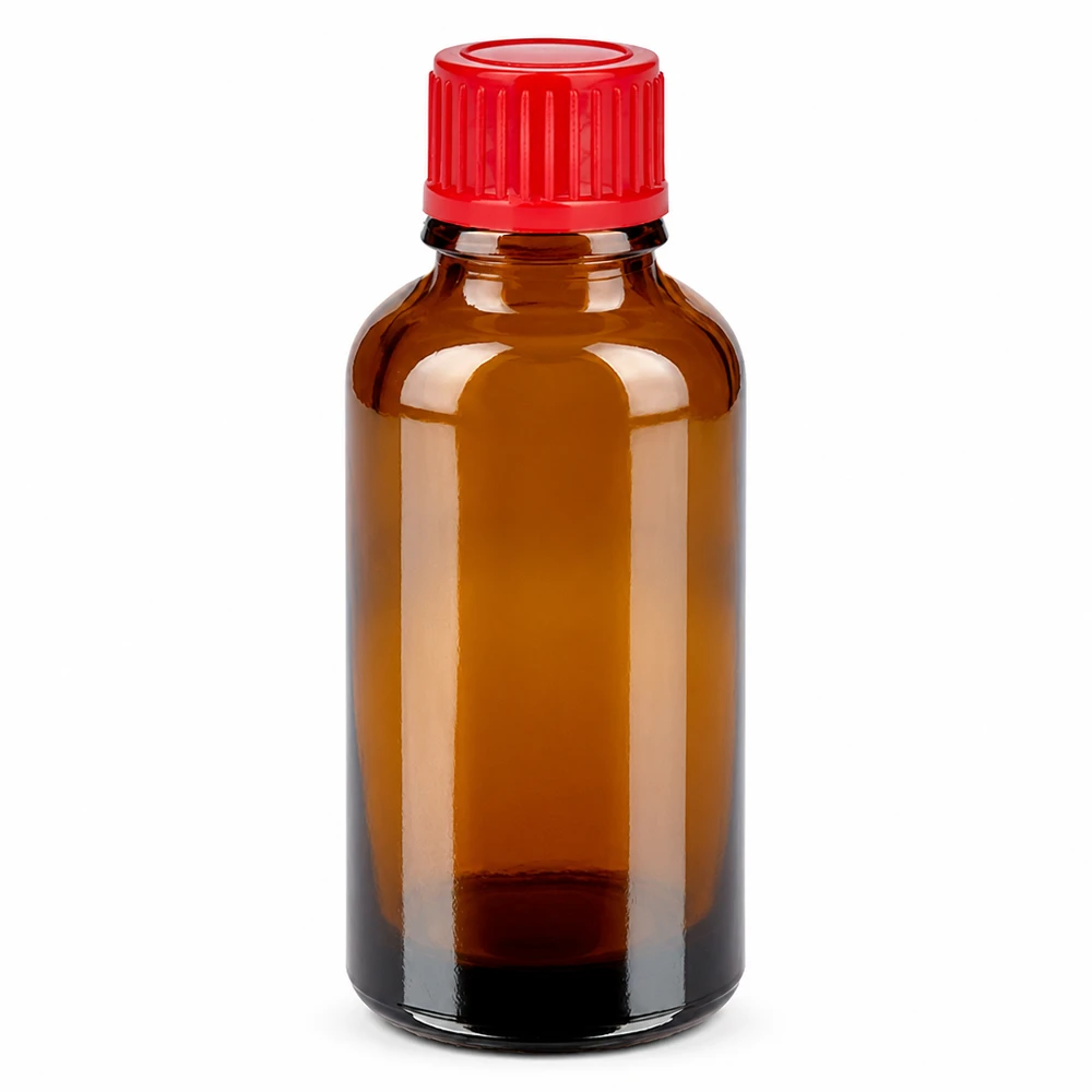 30ml pullo 11mm kierrekorkki punainen Standard BrownLine UT18/30 Standard BrownLine UT18/30 30ml meripihkanvärinen lasipullo punaisella kierrekorkilla eteerisille öljyille ja lääkkeille.