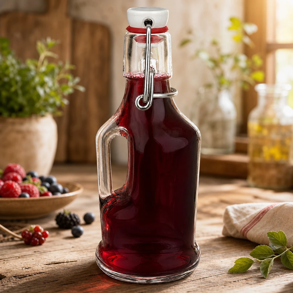 Lasipullo Bertha 200ml täynnä punaista marjamehua, keinu suljettu, rustiikkinen keittiö marjoilla