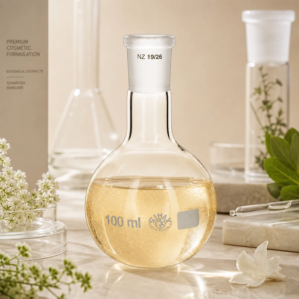 100ml lantiopullo, jossa on vakiohiottu liitos (19/26). Lantiopullo kullanvärisellä liuoksella 100 ml:n tilavuudella - korkealaatuinen laboratoriolasitavarat, joissa on 19/26 standardin mukainen hiottu liitos.