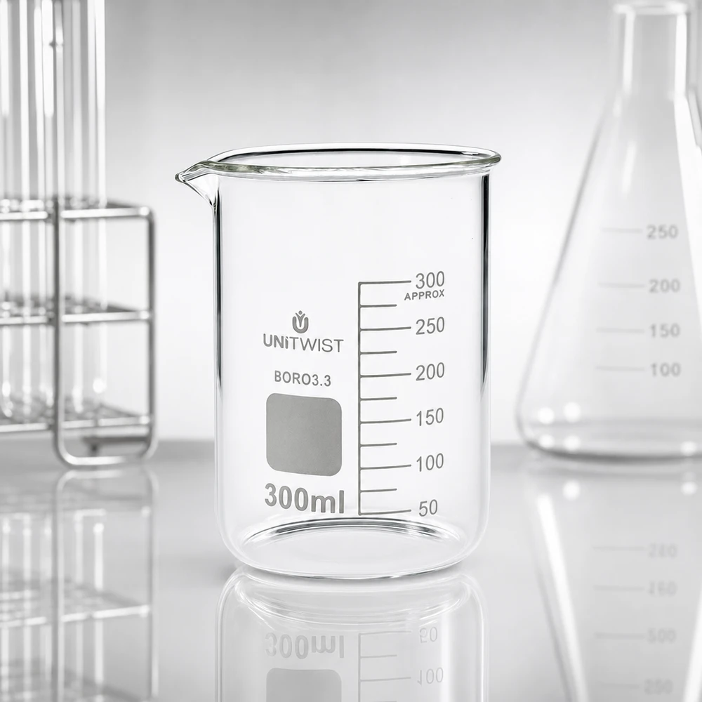 UNiTWIST-lasimuki 300 ml, borosilikaattia, matala malli, millilitrimittakaavalla, Erlenmeyer-pullon vieressä