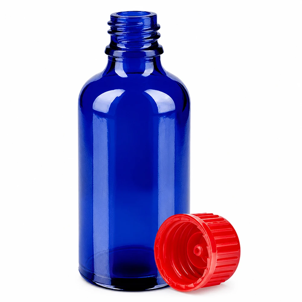 50ml pullo 11mm ruuvikorkki punainen Standard BlueLine UT18/50 Pieni 50 ml:n laboratoriopullo, koboltinsininen, kirkkaan punainen korkki tarkkaa annostelua varten.