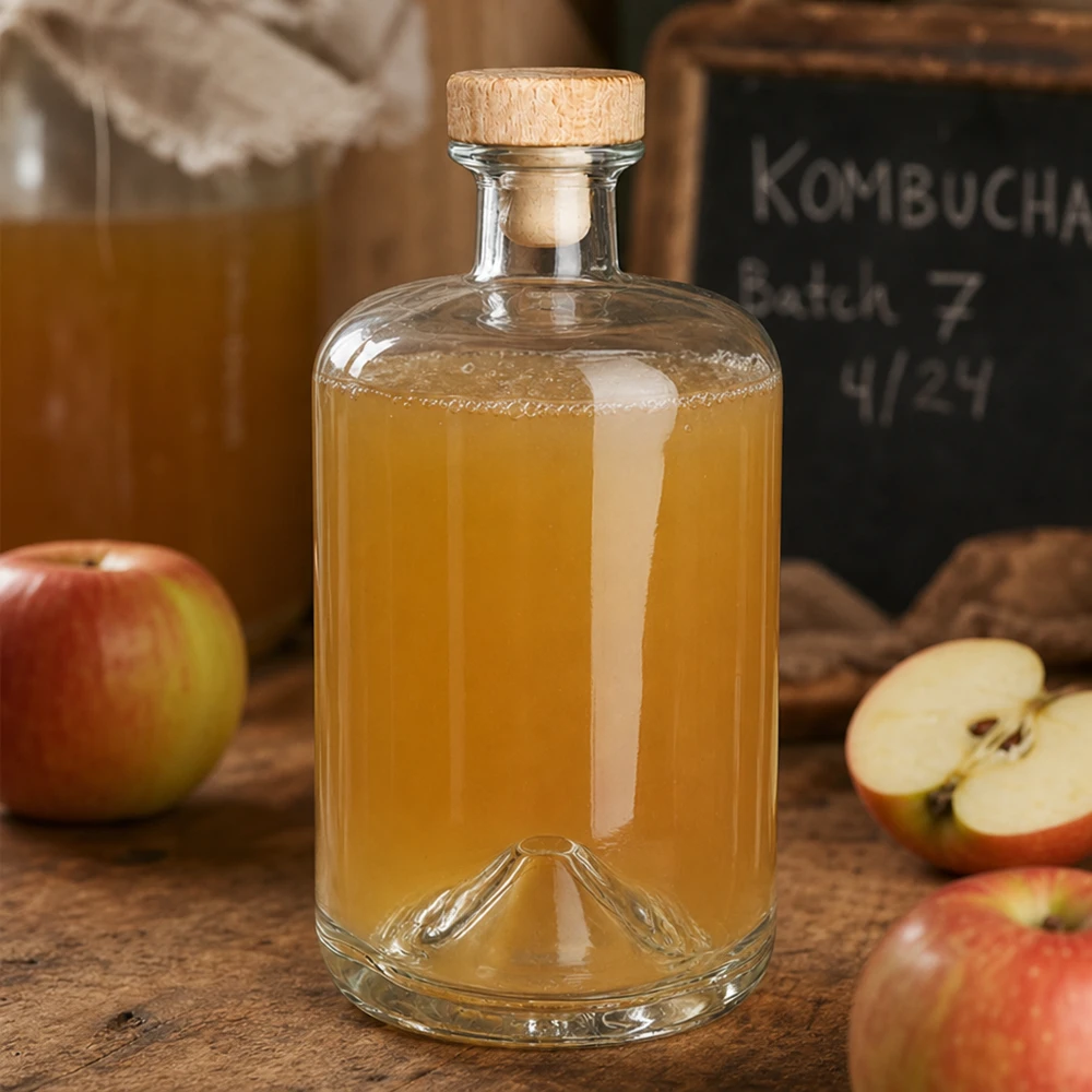 700ml Sofia-lasipullo, jossa on puukorkki ja joka on täytetty omenamehulla tuoreiden omenoiden ja Kombucha-baarin vieressä.