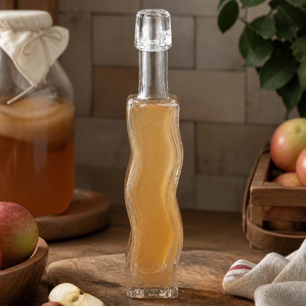 40ml lasipullo Anna täynnä omenaviinietikkaa maalaismainen keittiö puulauta tuoreita omenoita luonnollisia ainesosia vinaigretteä
