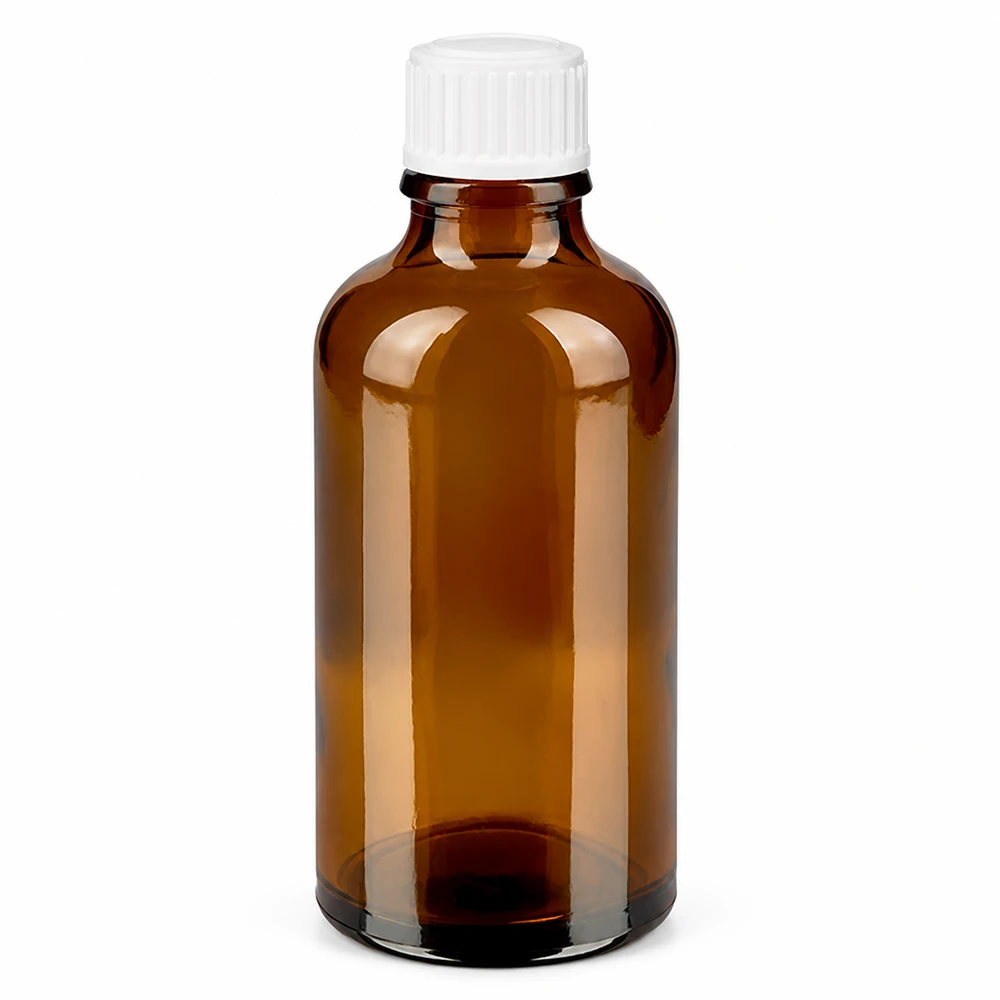 50 ml:n ruskea apteekkilasinen tiputuspullo, jossa on valkoinen kierrekorkki ja 0,9 mm:n tiputusaukko