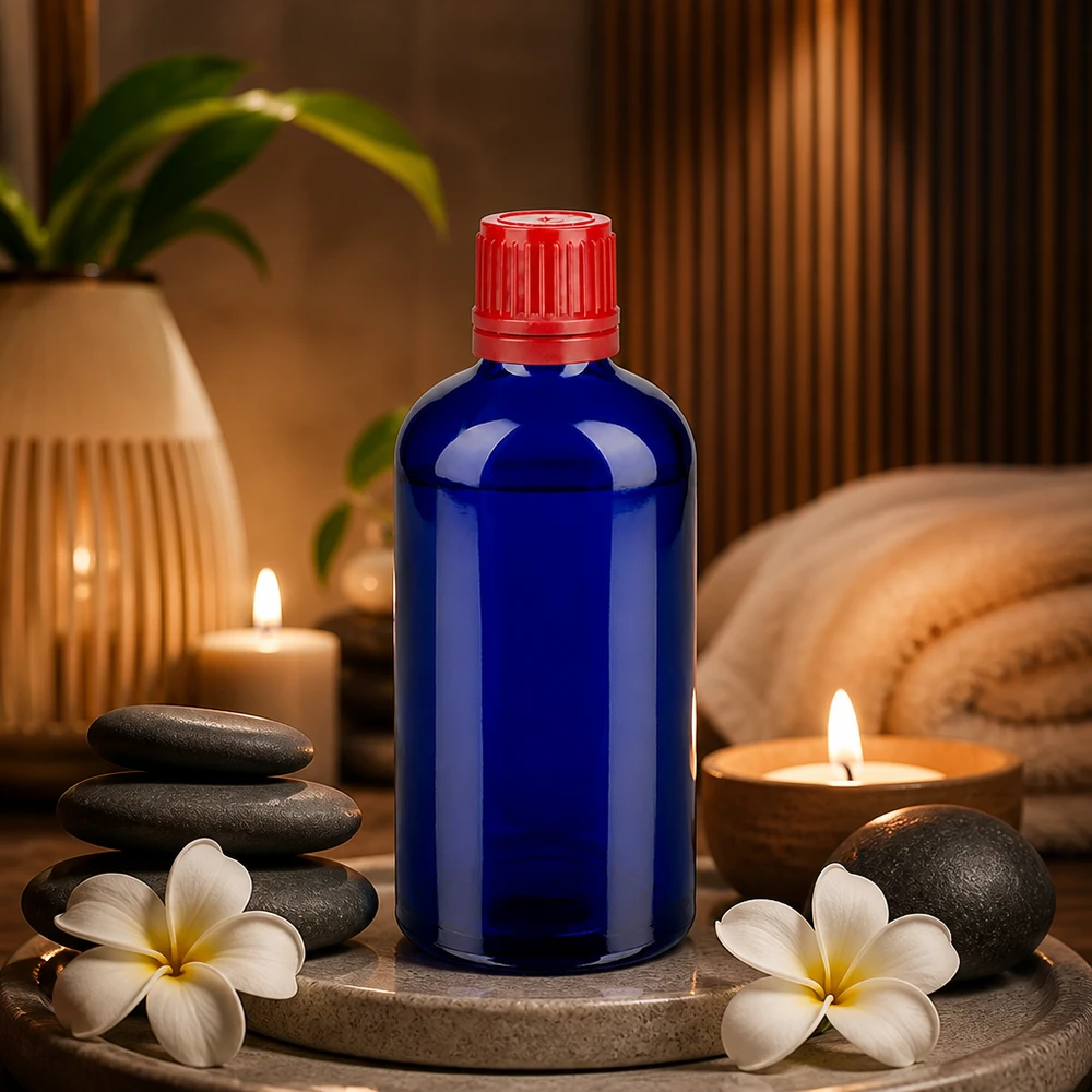 100ml sininen lääkepullo BlueLine UT18, jossa on lapsiturvallinen punainen korkki tippoja varten.