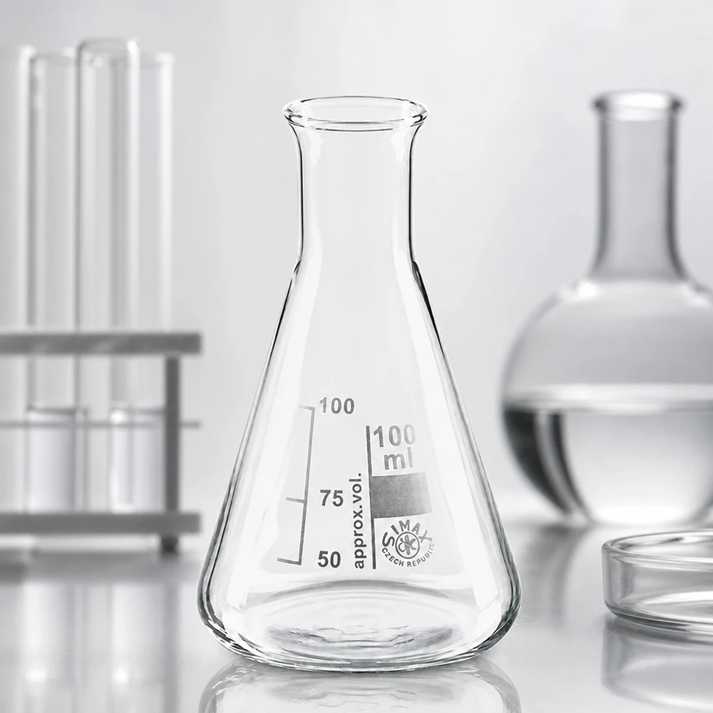 Erlenmeyer-pullo 100ml kapeakaulainen Kartiomainen Erlenmeyer-pullo 100ml, jossa on kapea kaula optimaalista sekoittamista ja kääntämistä varten.