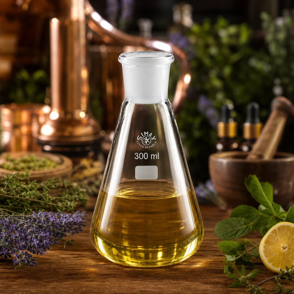 Erlenmeyer-pullo 300 ml, jossa on leveä pohja ja vakiohierre 29/32 vakaata säilytystä varten.