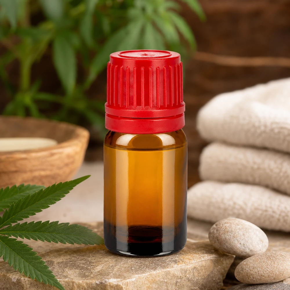 5ml meripihkanvärinen lasipullo 11mm punaisella kierrekorkilla ammattimaiseen aromaterapiaan.