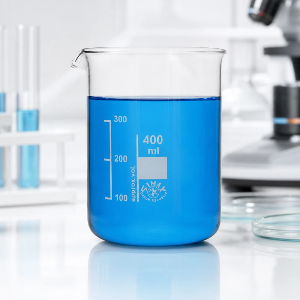 Kestävä borosilikaattilasinen 400ml dekantterilasi, jossa on selkeä asteikko kemiallisiin kokeisiin.
