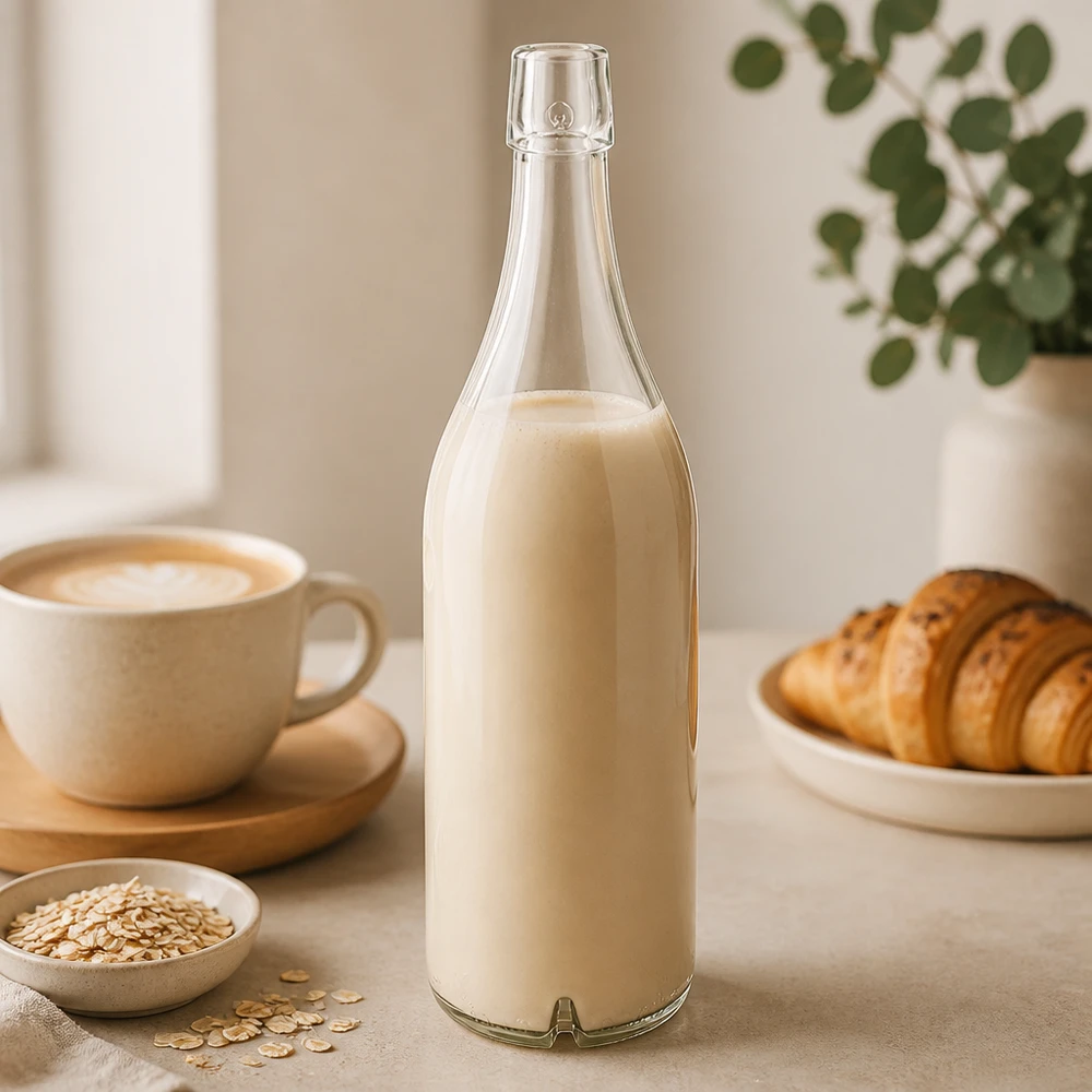 Lasipullo 1000ml UNiTWIST täynnä kauramaitoa aamiaispöydän croissant kahvia kevyt keittiö vihannekset