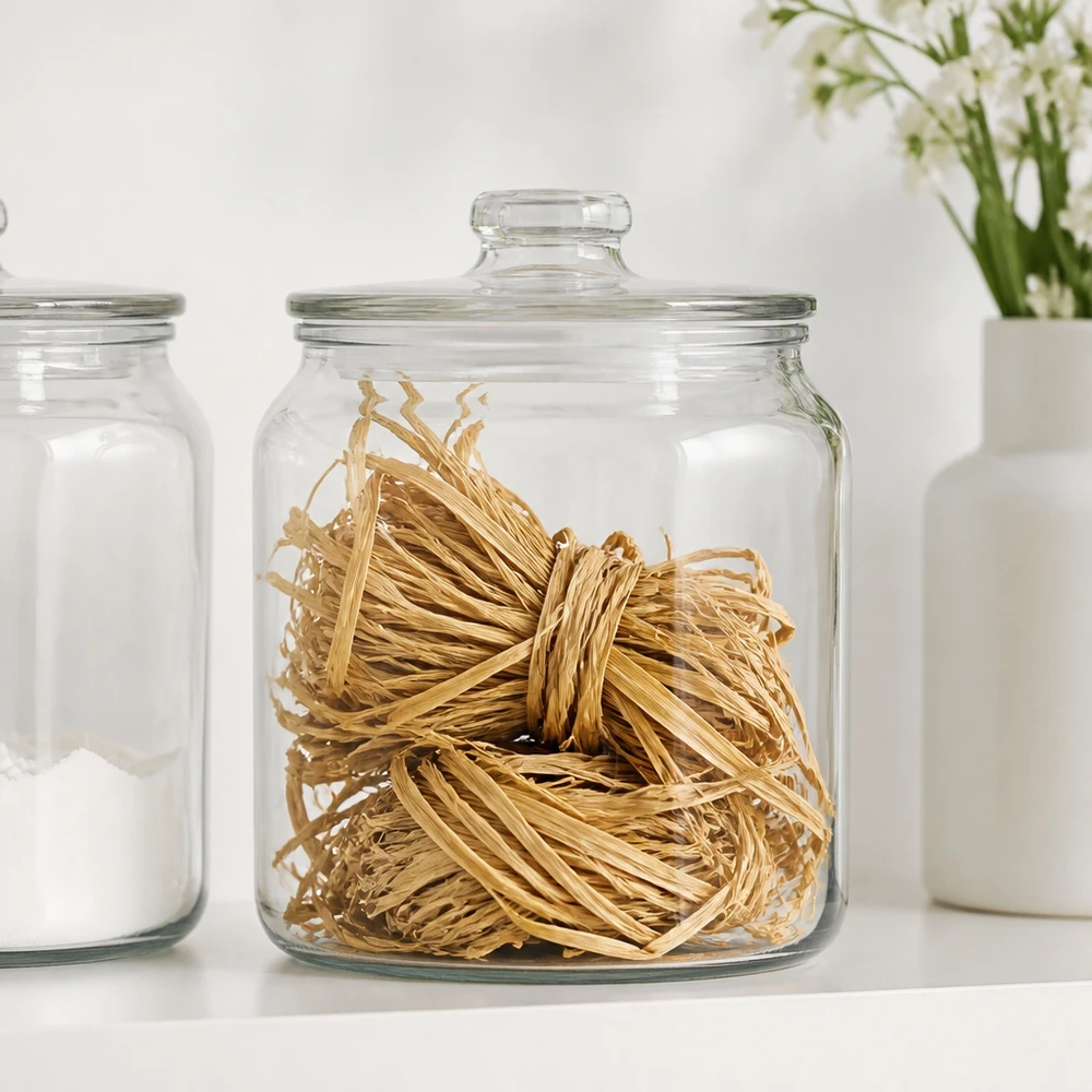 Luonnon raffia 30g kannellisessa lasipurkissa, joka on säilytetty valkoisten säilytyspurkkien vieressä, jotta askartelumateriaalit voidaan järjestää siististi.