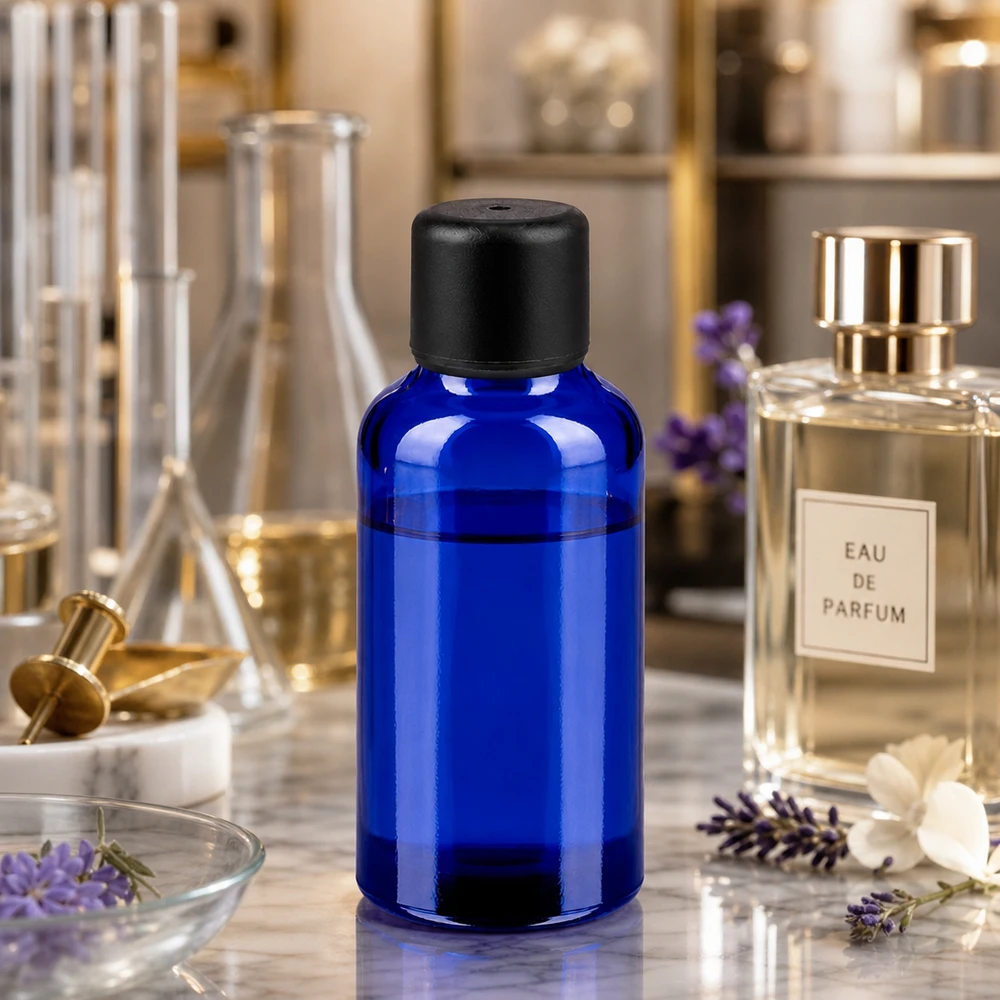 Kätevä 30 ml:n lasipullo tyylikkäässä sinisessä värissä ammattimaiseen hajuvesien valmistukseen ja aromisekoituksiin.