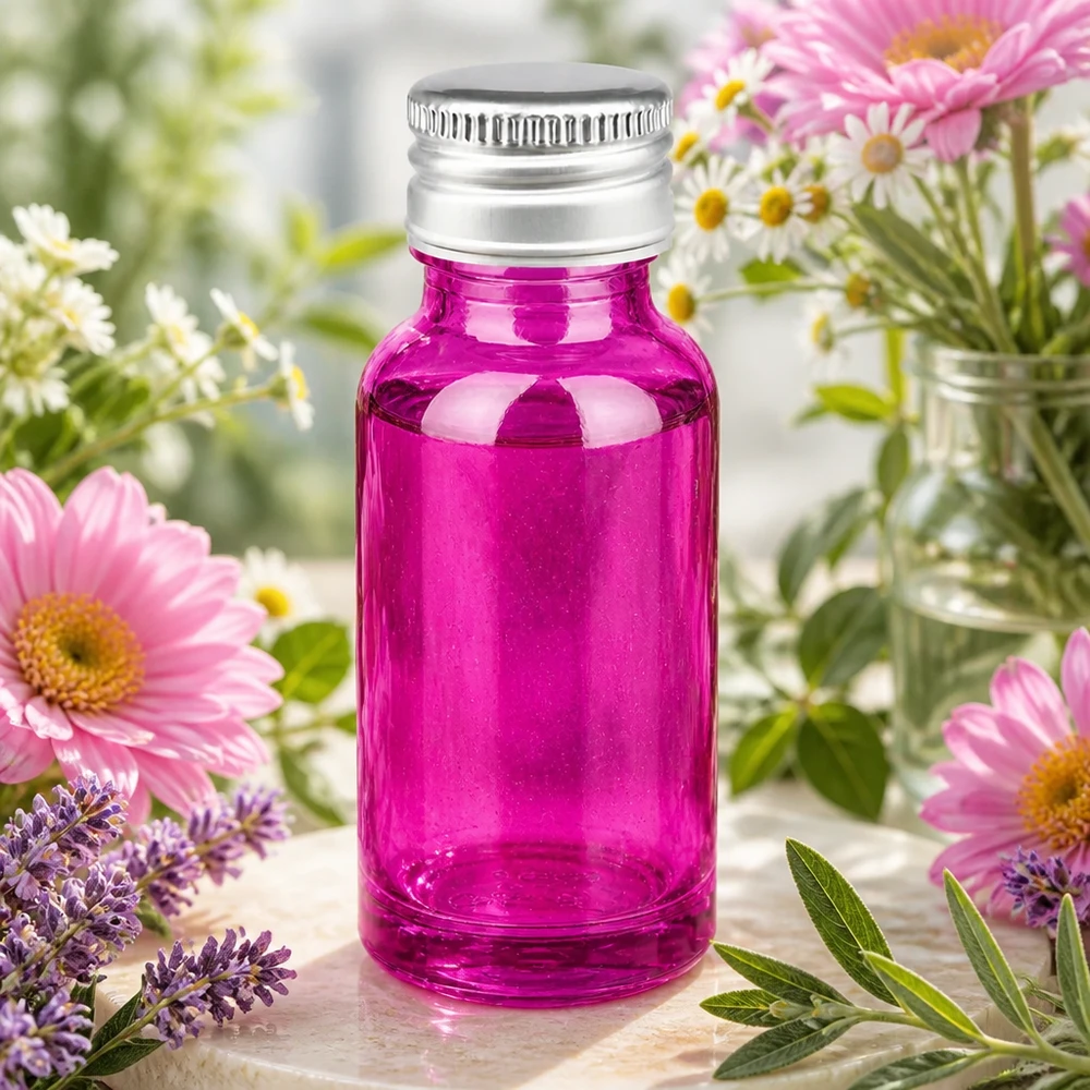 Laadukas 20ml violetti lasipullo, jossa on alumiininen kierrekorkki UV-suojaa ja aromaterapiaa varten.