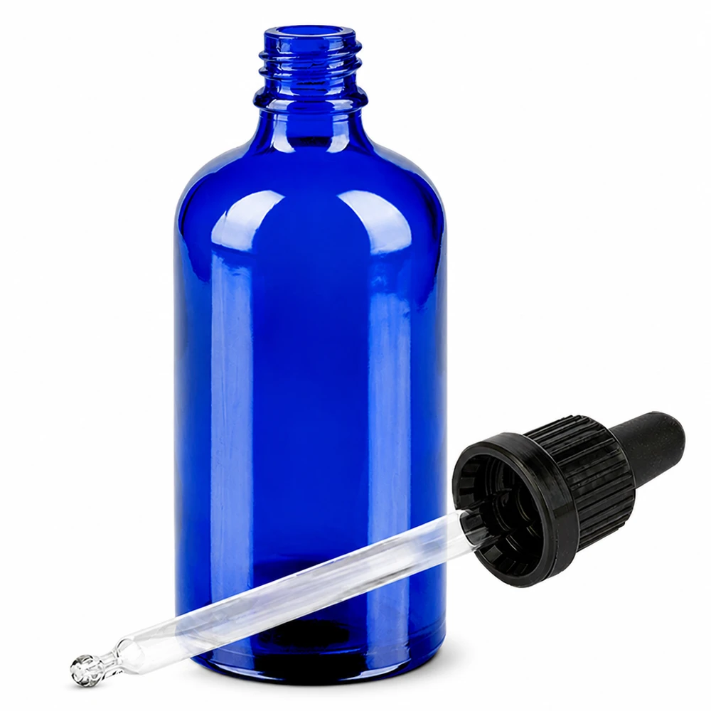 Ammattikäyttöön tarkoitettu 100ml lasipullo pipetillä, sininen, laboratorioihin ja kosmetiikkaan.
