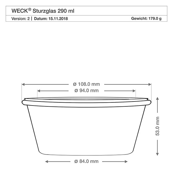 290 ml:n matala säilytyspurkki lasikannella, WECK RR100 Tekninen piirustus WECK-maljat 290ml RR100, mitat, halkaisija 108mm, korkeus 53mm, paino 179g.