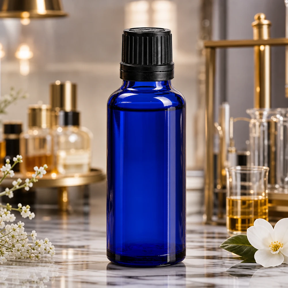 Apteekkipullo sininen 30ml ruuvikorkki musta valurengas sinetöintiturvallinen sulkeminen Koboltinsininen 30 ml:n apteekkipullo, jossa on musta OV-korkki, laboratoriossa marmoripinnalla