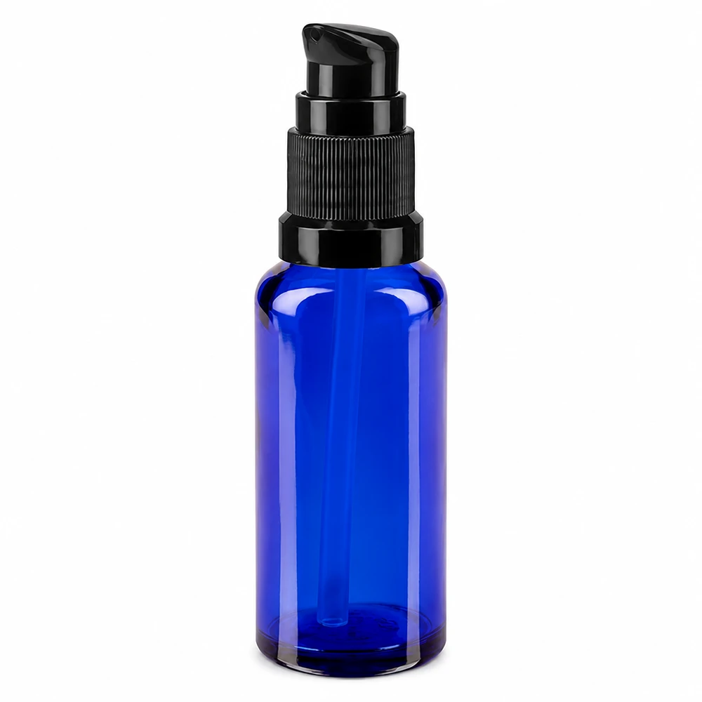 Apteekkipullo sininen 30ml pumppukorkki musta standardi 30 ml:n sininen lasipullo, jossa on musta pumppu, apteekkeihin ja kosmetiikkakäyttöön