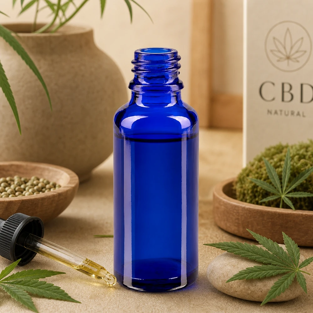 30 ml:n sininen ApoGlas-apteekkipullo, jossa on CBD-öljyn tiputin, luonnonmateriaaleista valmistetussa pakkauksessa, jossa on hamppulehtiä