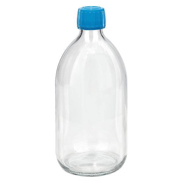 500ml lääkepullo kirkas, sininen korkki, jossa on tamper-evident rengas ApoGlas