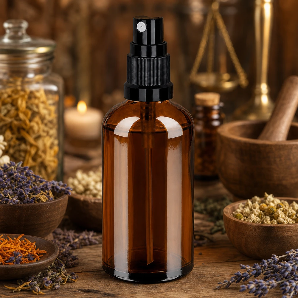 100ml meripihkanvärinen lasinen suihkepullo, jossa on hieno sumutin homeopaattisille tinktuureille ja yrttiuutteille.