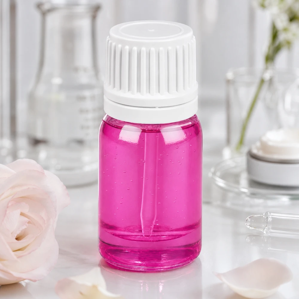 Violetti 5ml pullo korkealaatuista lasia, jossa on lapsiturvallinen valkoinen kierrekorkki.