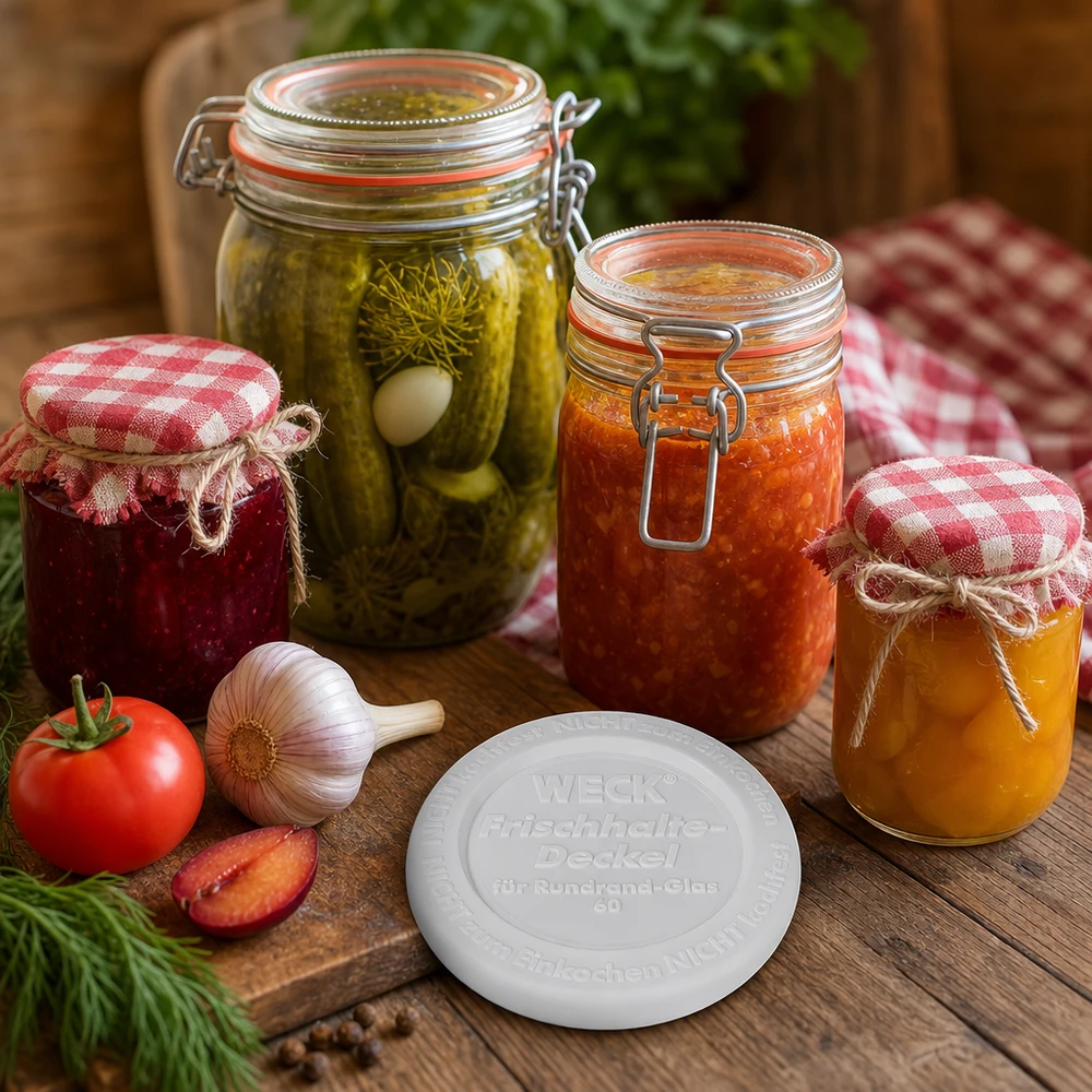 WECK säilöntäkansi RR60 WECK Frischhaltedeckel RR60 Einmachgläser mit hausgemachten Konserven Marmelade Gurken Tomaten rustikale Küche
