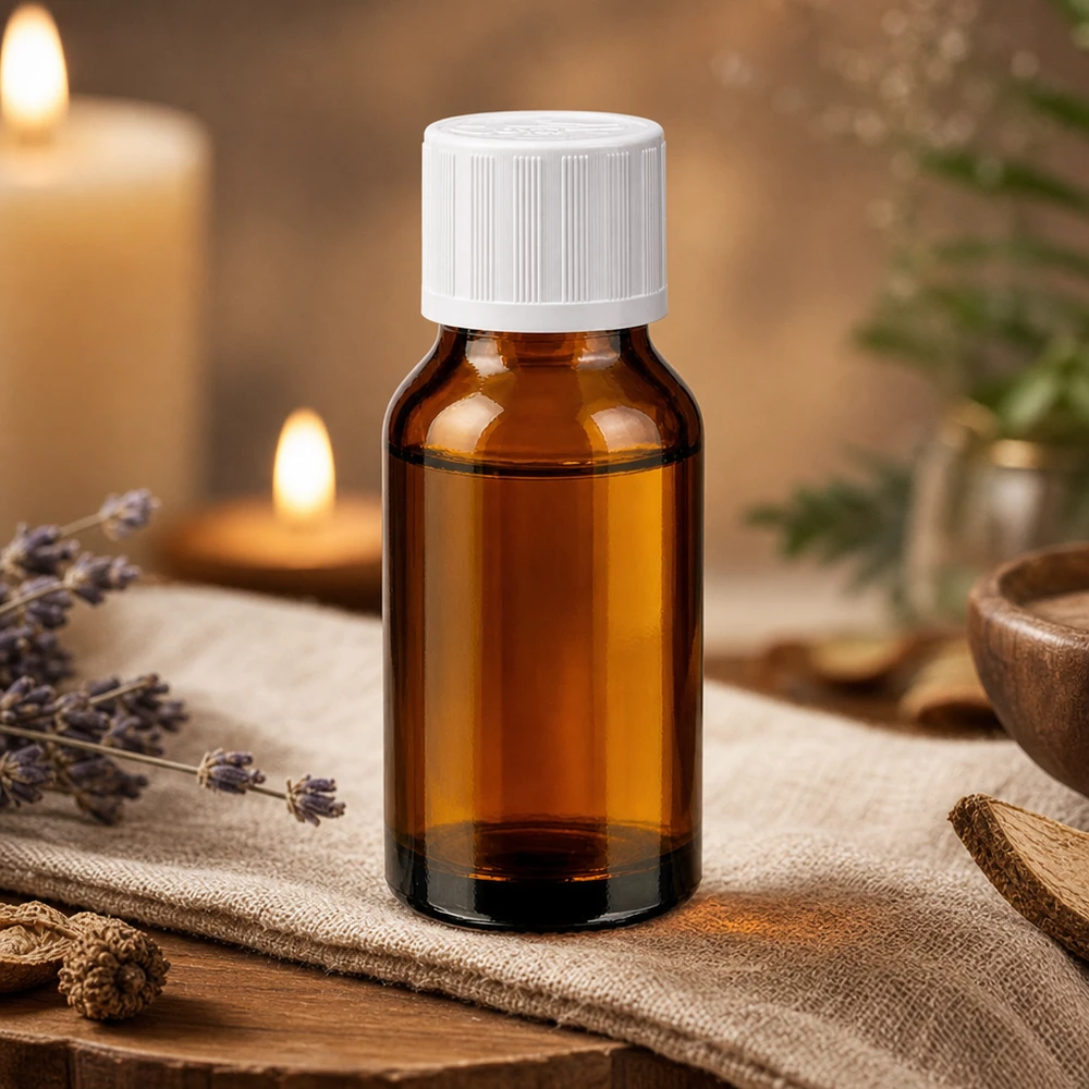 Pieni ruskea lasipullo (30 ml), jossa on valkoinen kierrekorkki, pellavakankaalla, johon on koristeltu yrtteillä