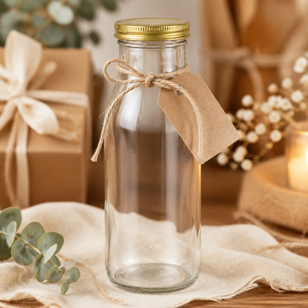 263ml pullo kultaisella UNiTWIST BioSeal-kannella. UNiTWIST Bottle263 als Geschenkidee mit Bastband und Etikett in festlicher Dekoration mit goldenen TO43 BioSeal Deckel