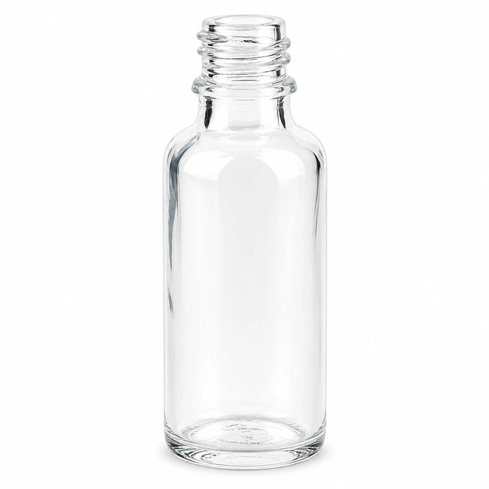 Kirkas lasipullo 30ml DIN 18 30ml kirkas apteekkipullo ApoGlas korkealaatuisesta lasista lääkkeille ja tinktuureille.