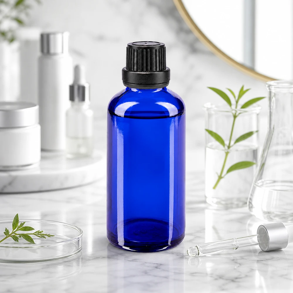Apteekkipullo sininen 50ml ruuvikorkki musta peukaloitava sulkeminen. Sininen 50 ml:n lasipullo, jossa on musta korkki, marmoripinnalla pipetin ja vihreiden kasvien vieressä
