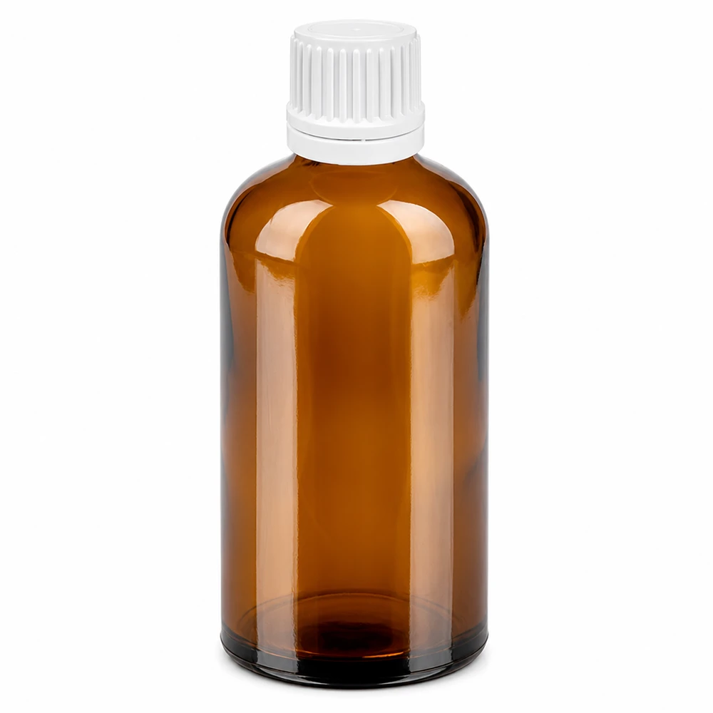 100ml tippapullo 0.7mm valkoinen väärentämisen estävä suljin BrownLine UT18/100 100ml meripihkanvärinen lasinen tippapullo, jossa on valkoinen korkki ja 0,7mm tippaeriste tarkkaa annostelua varten.