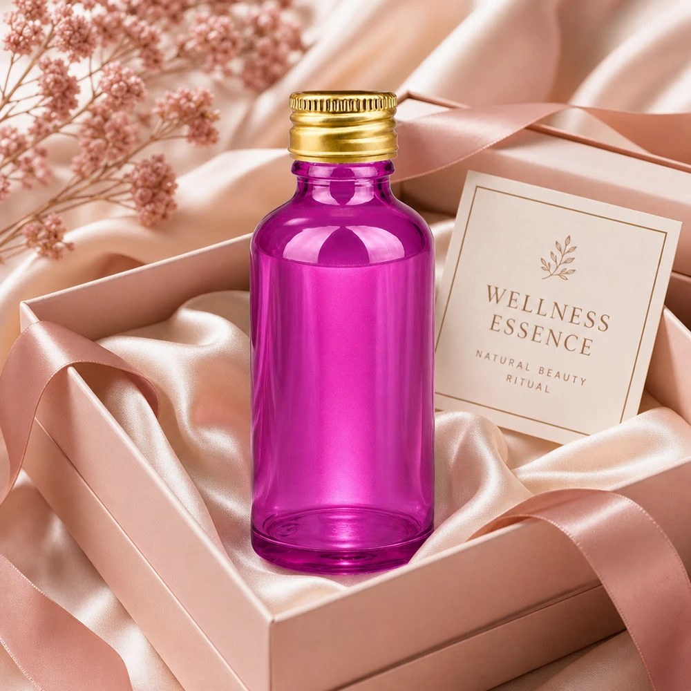 Premium Wellness Essence pullo 50ml, elegantti violetti ja ylellinen kultainen alumiinikorkki.