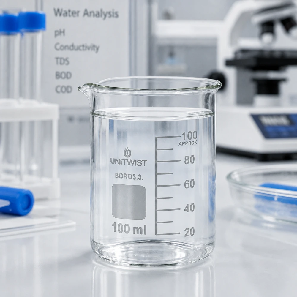 100 ml:n matala koeputki, jossa on puhdasta vettä veden analysointia varten: pH, johtokyky, TDS, BOD, COD