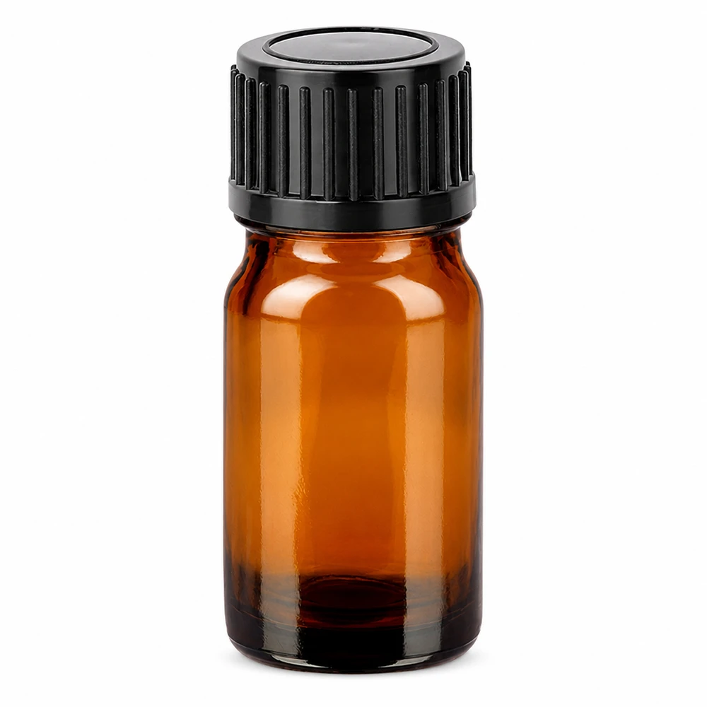 5ml meripihkanvärinen lasipullo mustalla kierrekorkilla eteerisille öljyille ja aromaterapialle.