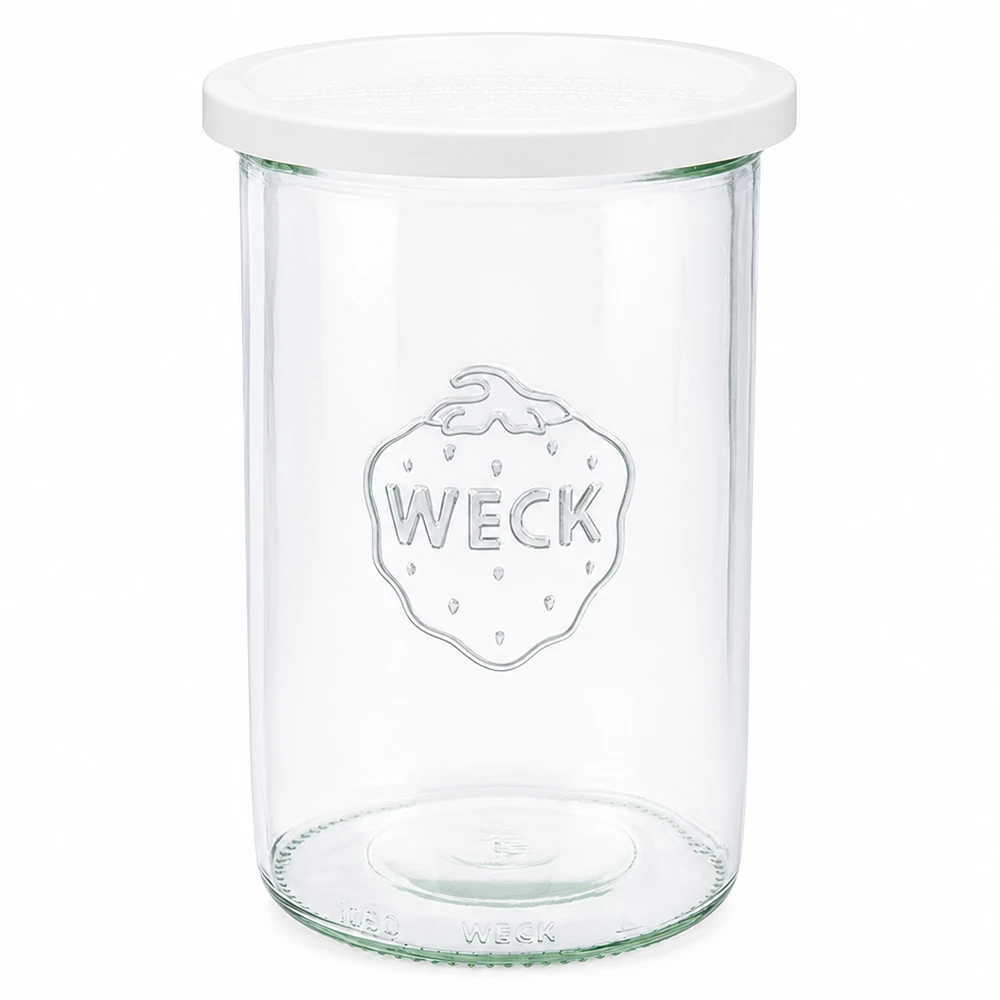 1000ml lasipurkki, jossa on kansi WECK RR100 WECK muuripurkki 1000ml valkoisella kannella RR100 kirkas lasipurkki, jossa on WECK-logo