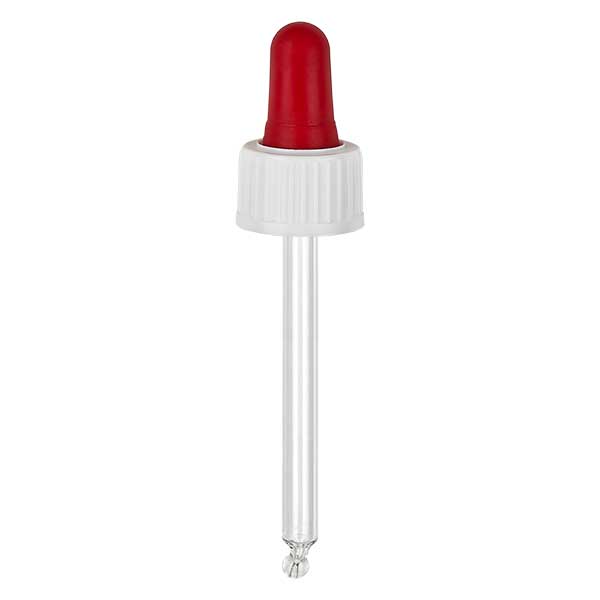 Lasinen tippapipetti valkoinen/punainen 18mm PL66 standardi Lasinen tippapipetti valkoinen/punainen 18mm PL66 standardi