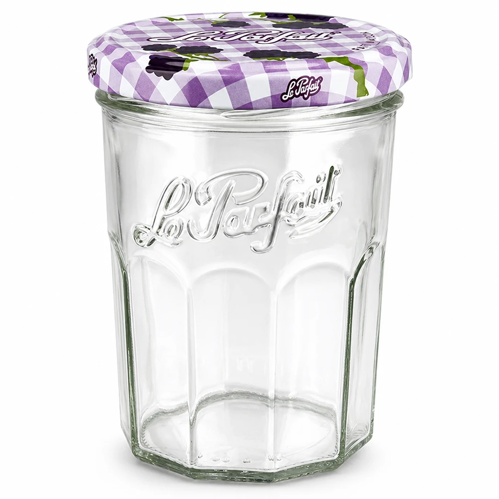 Le Parfait -lasipullot 385 ml, joissa on violetti ruutukuvioitu kierrekansi hilloille ja säilykkeille, kirkasta lasia.