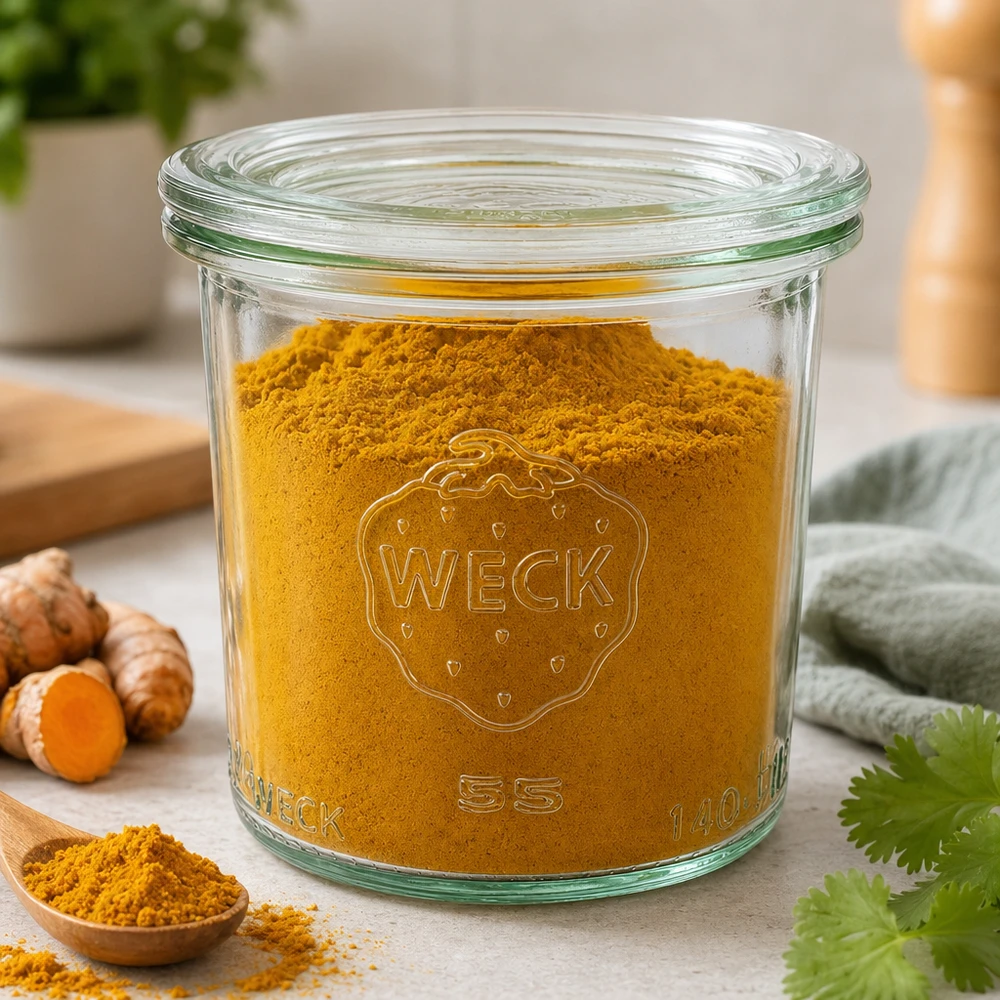 WECK 140 ml:n pyöreä purkki lasikannella RR60 | Huippulaatuinen WECK Sturzglas 140ml RR60 mit Kurkumapulver gefüllt zeigt Verwendung als Gewürzglas neben frischem Kurkuma