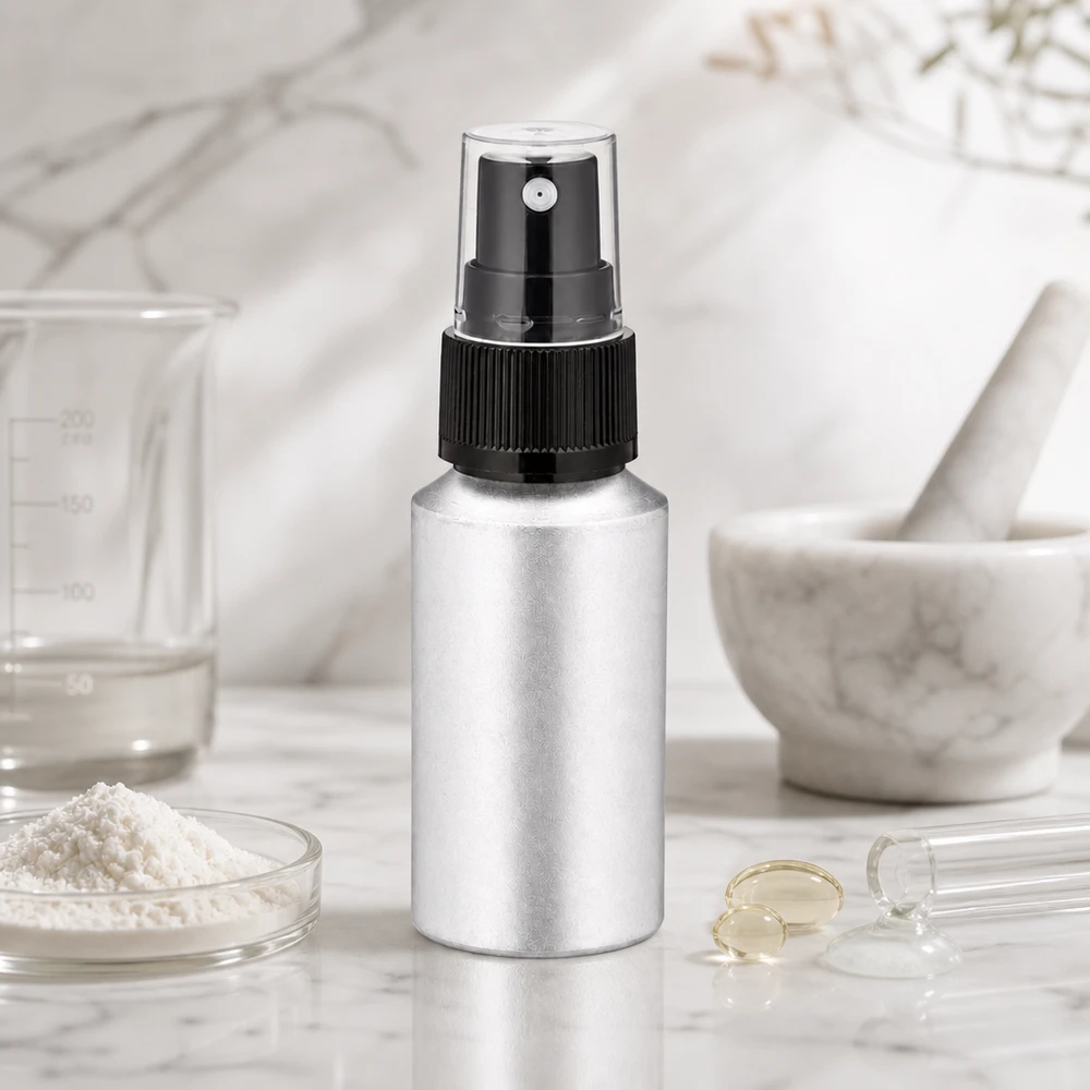 30ml petsattu alumiinipullo, jossa on sumutin Laadukas 30 ml alumiinipullo mustalla sumuttimella DIY-kosmetiikkaa ja eteerisiä öljyjä varten.