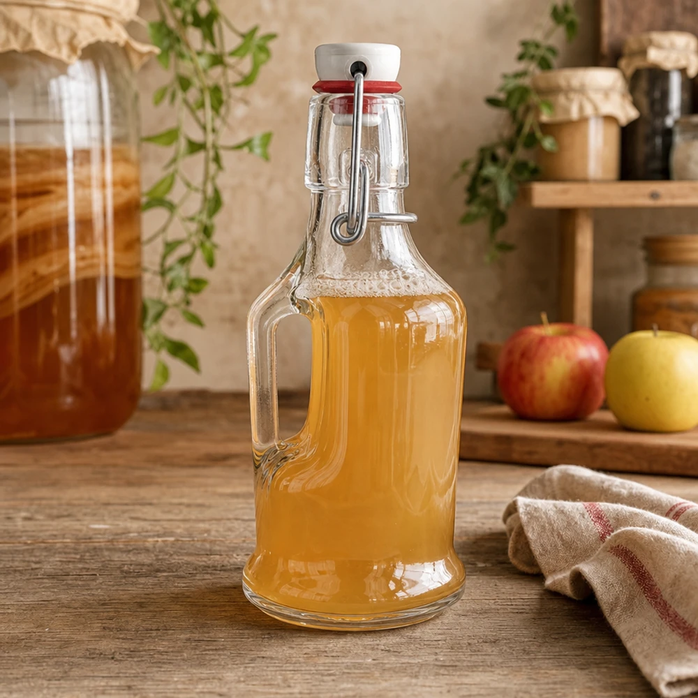 200ml Glasflasche "Bertha" + Porzellan Bügelverschluss UNiTW UNiTW lasipullo Bertha 200ml täynnä omenamehua maalaismaisessa keittiössä omenoiden vieressä swing top detail